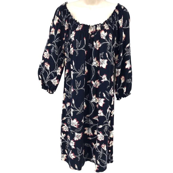 Lucky Brand Womens Navy Floral Print Balloon Sleeve Off Shoulder Peasant Dress L - Picture 1 of 6